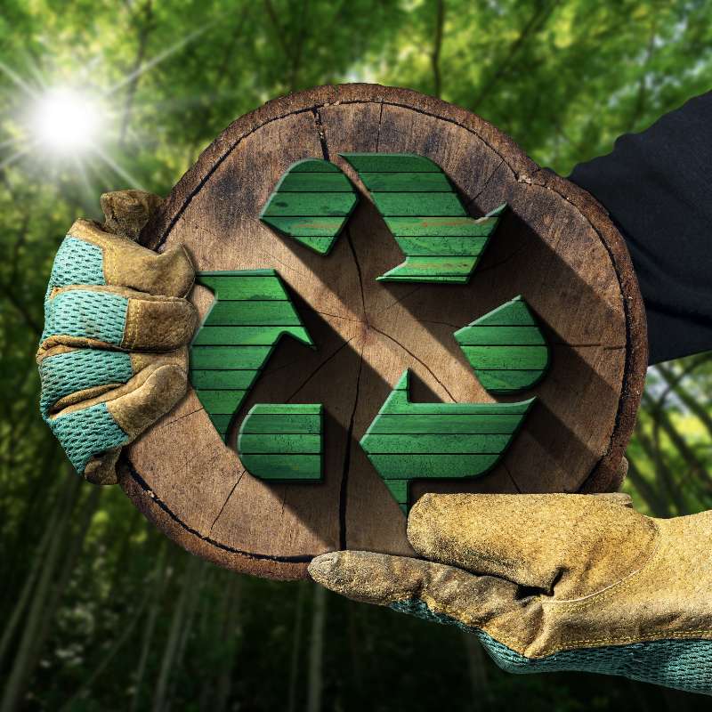 Manos sosteniendo trozo de madera con el logo de reciclaje